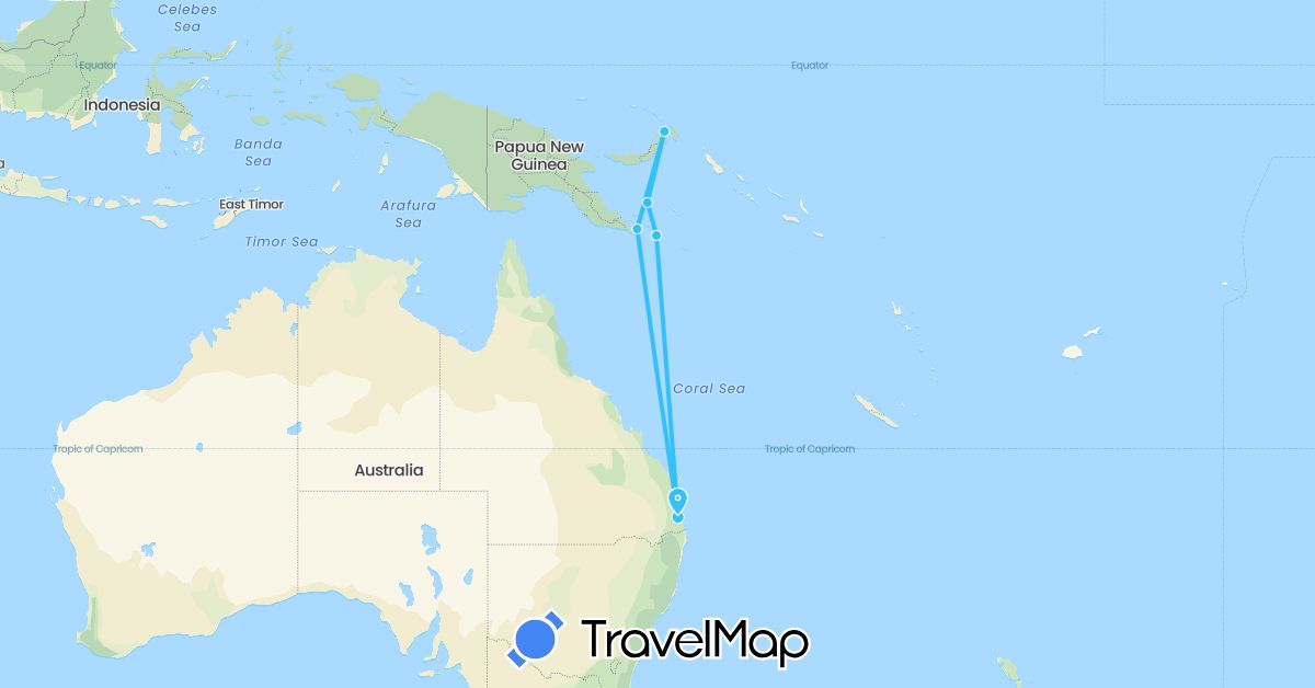 TravelMap itinerary: driving, boat in Australia, Papua New Guinea (Oceania)